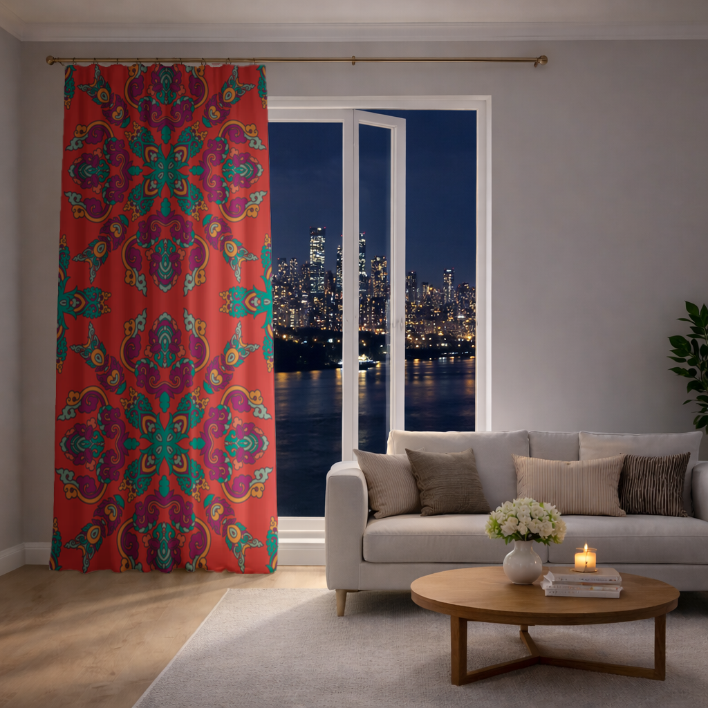 Canlı Kırmızı Zeminli Oryantal Mandala Deseni Fon Perde