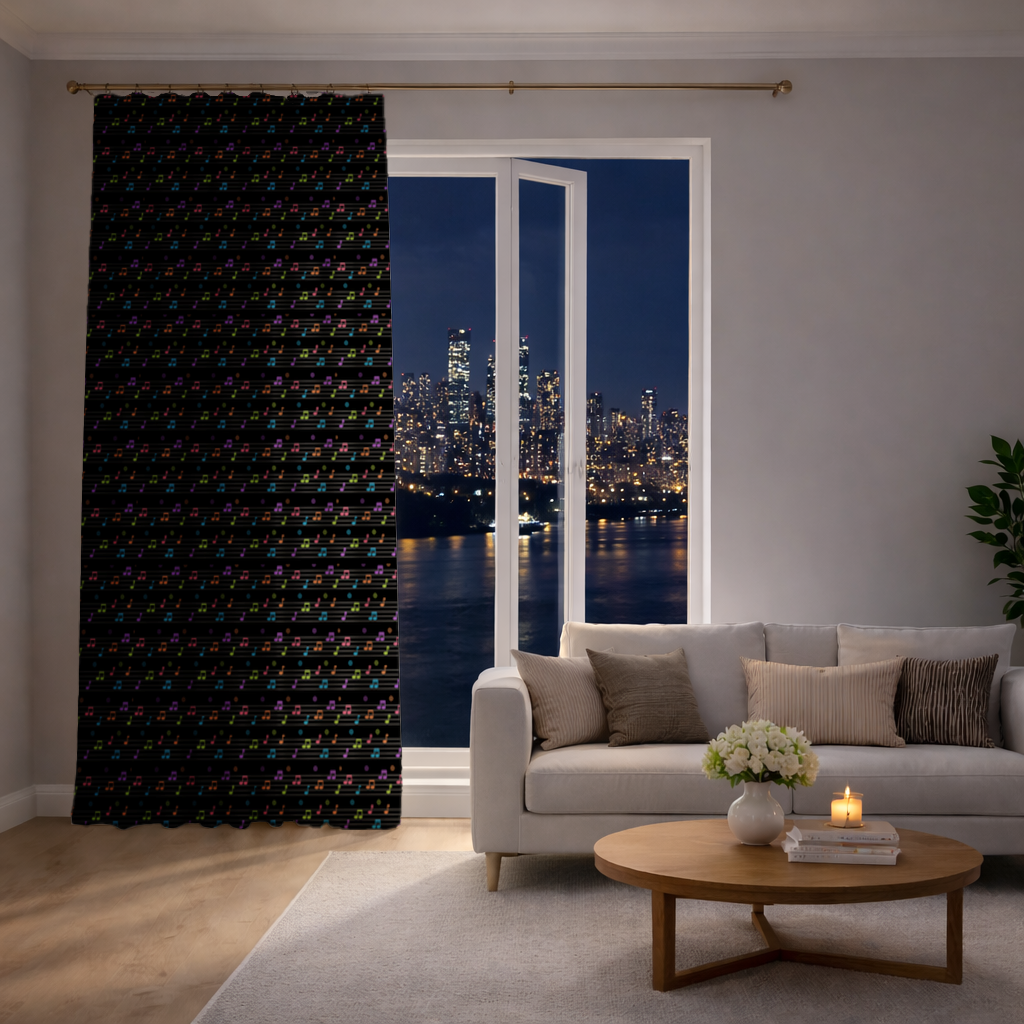Vibrant Neon Music Notes and Rhythm Seamless Pattern Drapes