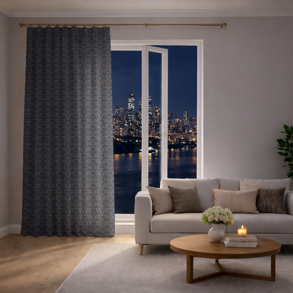 Navy and White Semi Circle Geometric Pattern Drapes