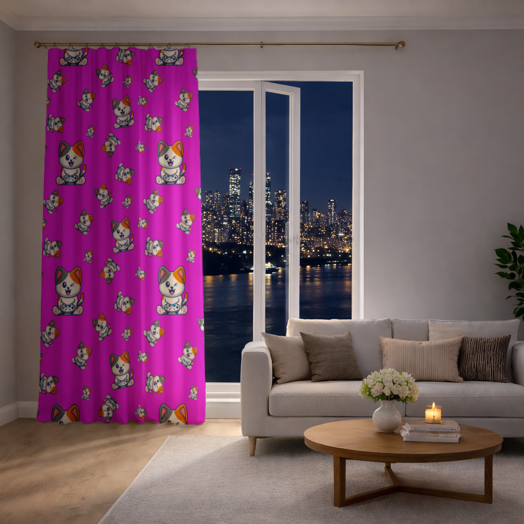 Cute Cartoon Cat Pattern on Pink Background Drapes
