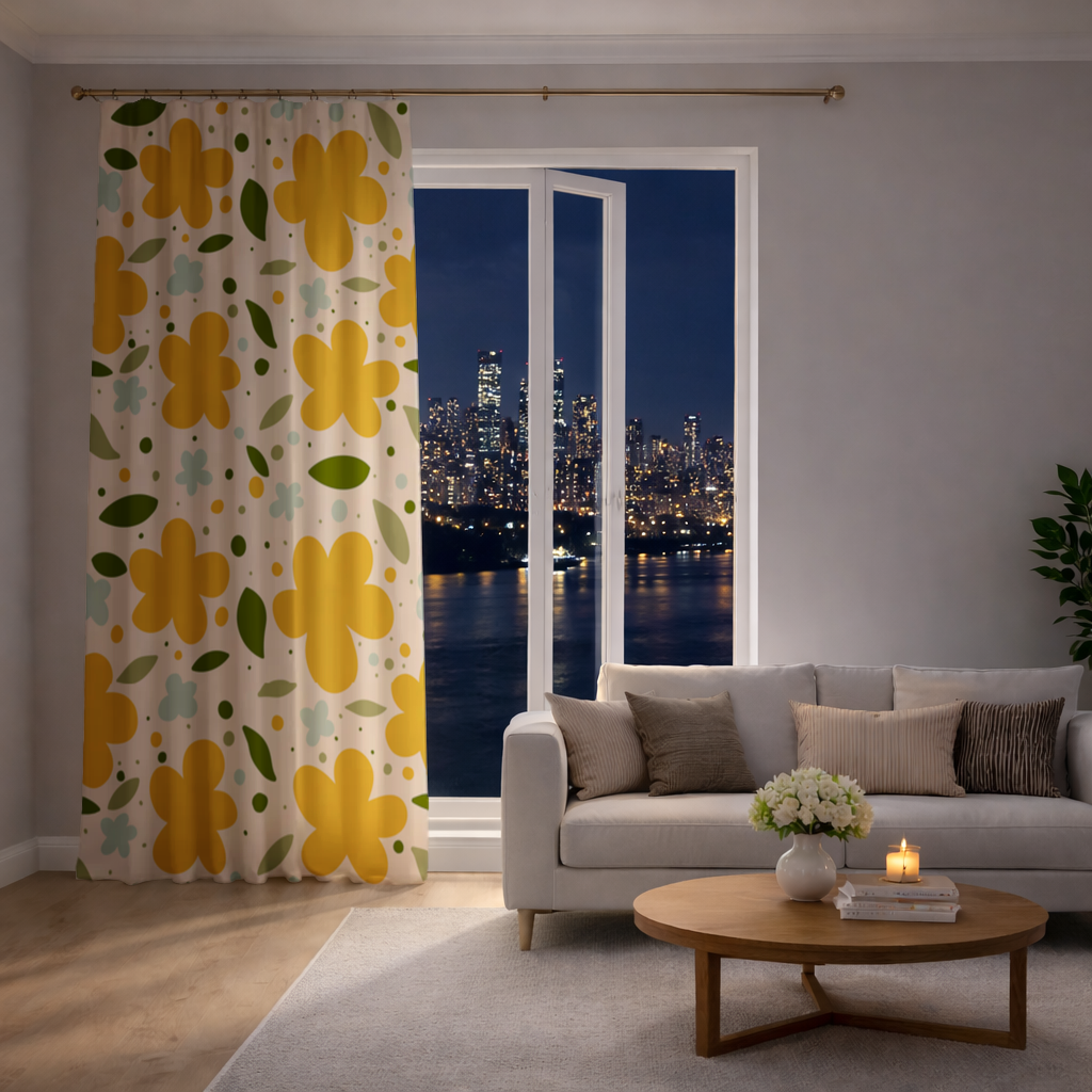 Yellow Floral and Leaf Boho Seamless Pattern Drapes
