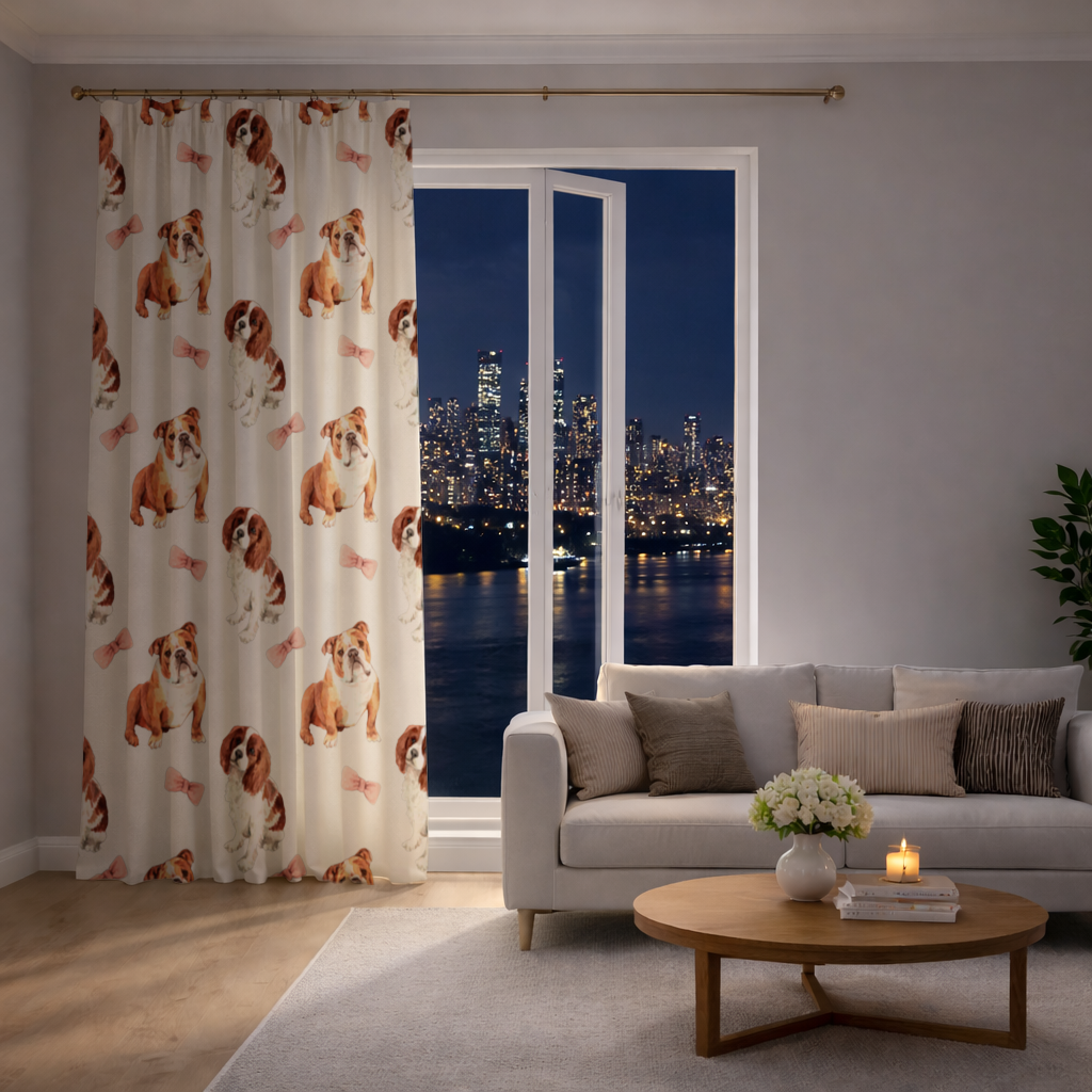 Watercolor English Bulldog and Cavalier Puppy Pattern Drapes