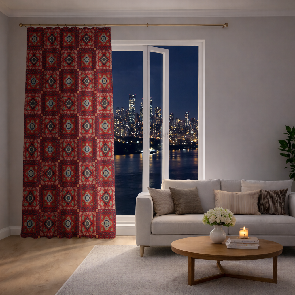 Geleneksel Kilim Motifli Kırmızı Etnik Geometrik Desen Fon Perde