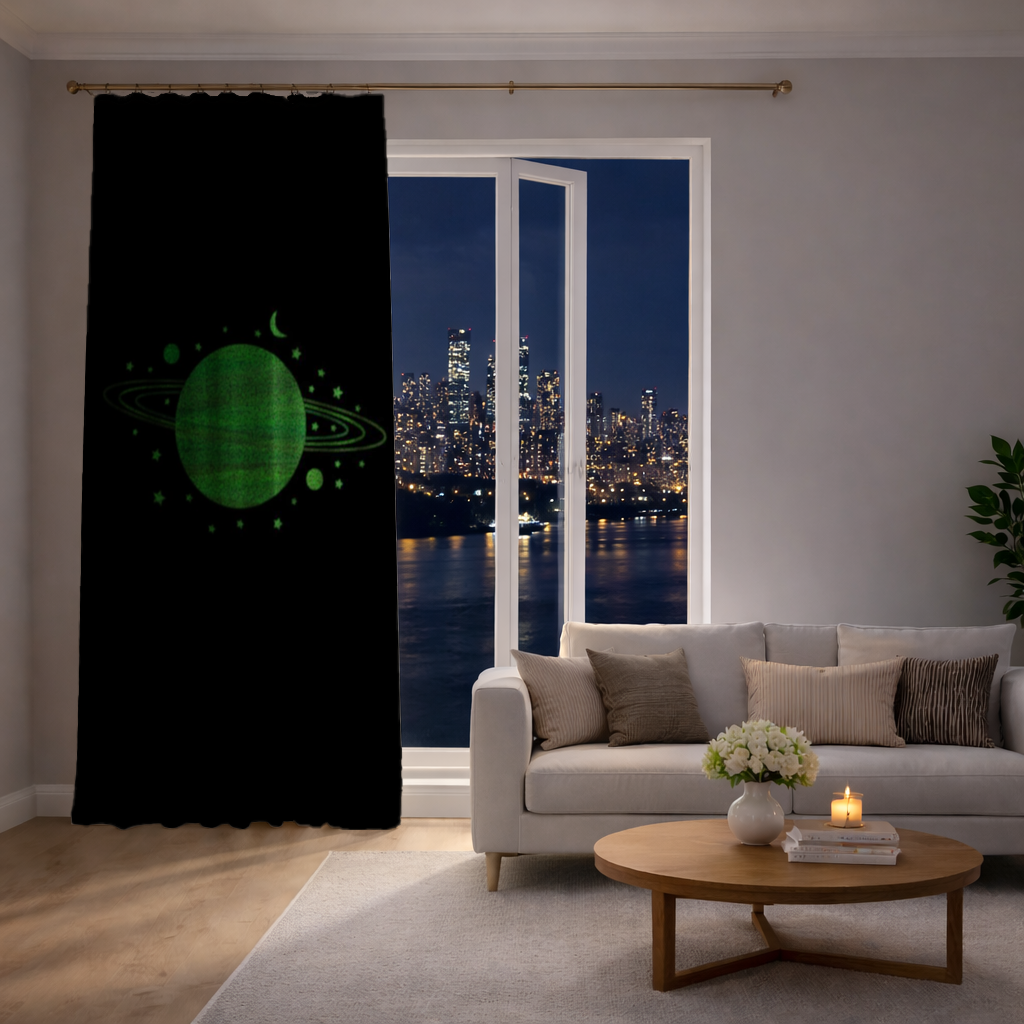 Green planets on a black background. Drapes
