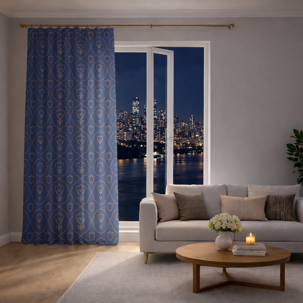 Orange Linear Floral Pattern on Blue Drapes