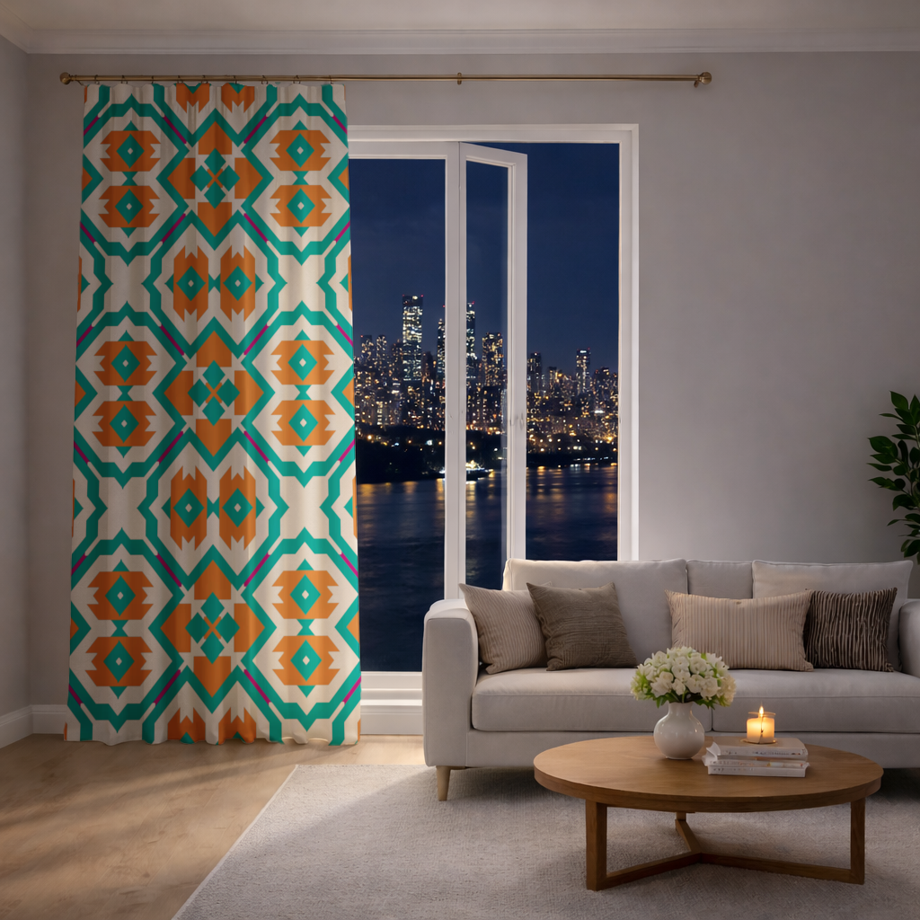 Orange and Turquoise Geometric Pattern Drapes