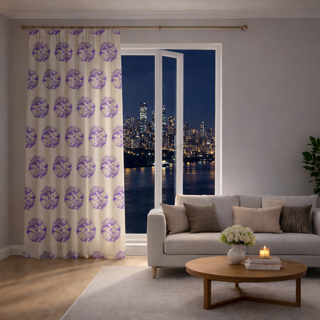 Pisces Zodiac Symbol with Purple Fish Art Drapes