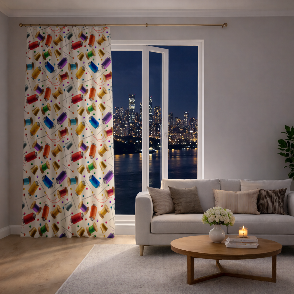 Colorful Thread Spools and Sewing Tools Pattern Drapes