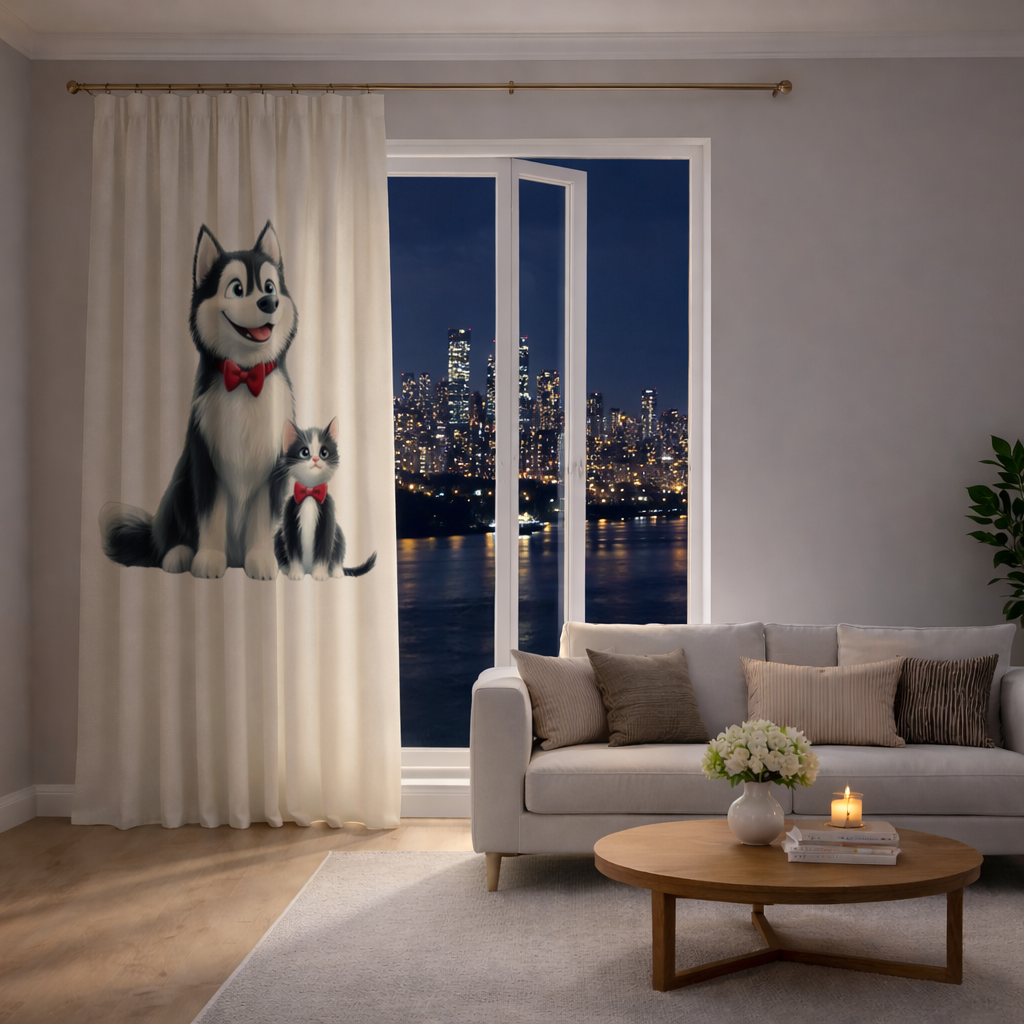 Cute Husky and Kitten with Red Bowties Drapes