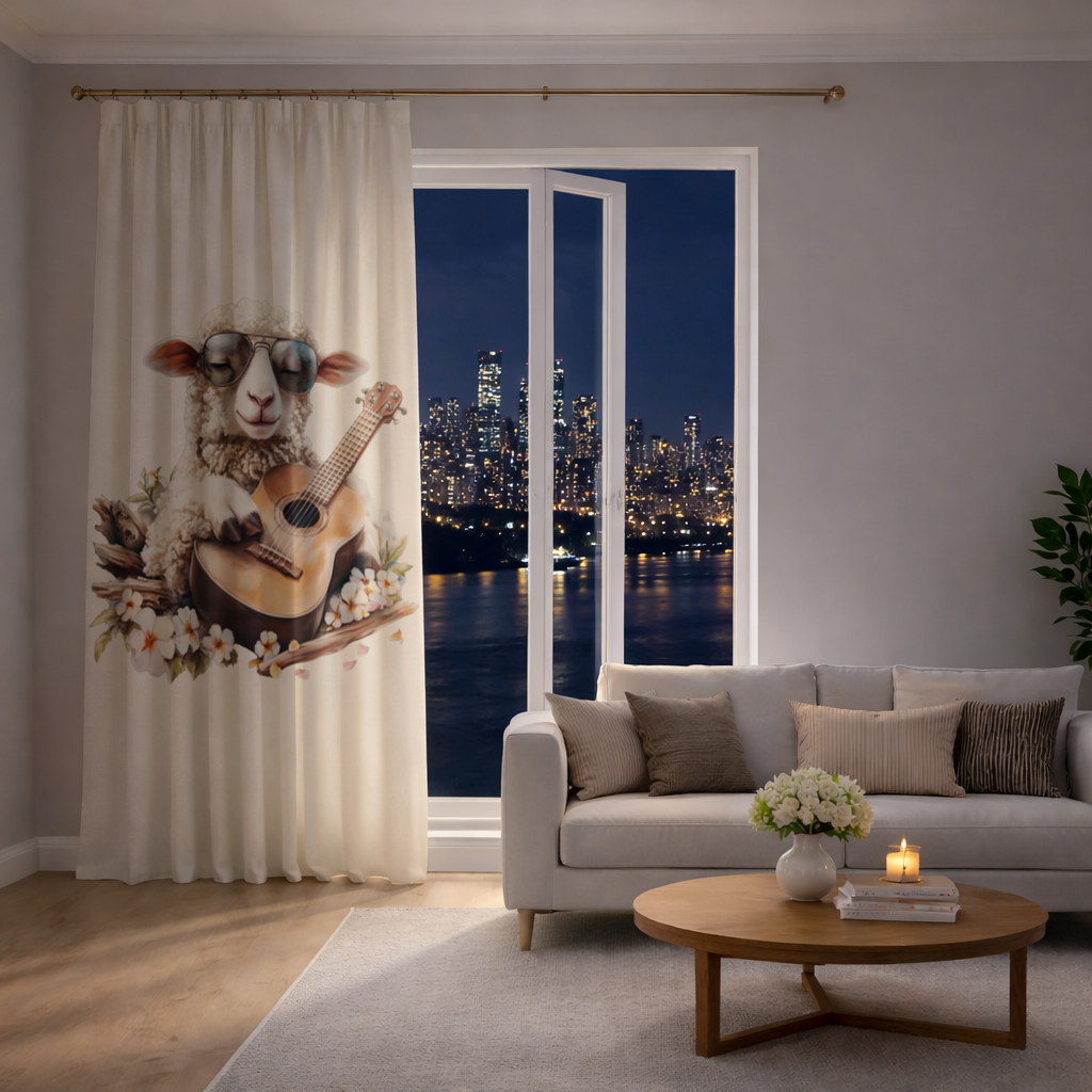 Cool Sheep Playing Ukulele with Flowers Drapes