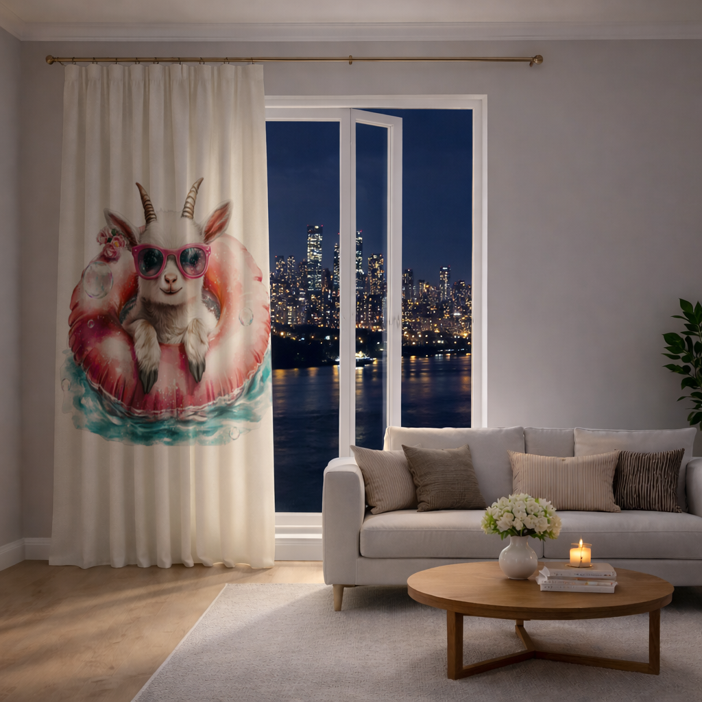 Baby Goat in Pink Pool Ring Drapes