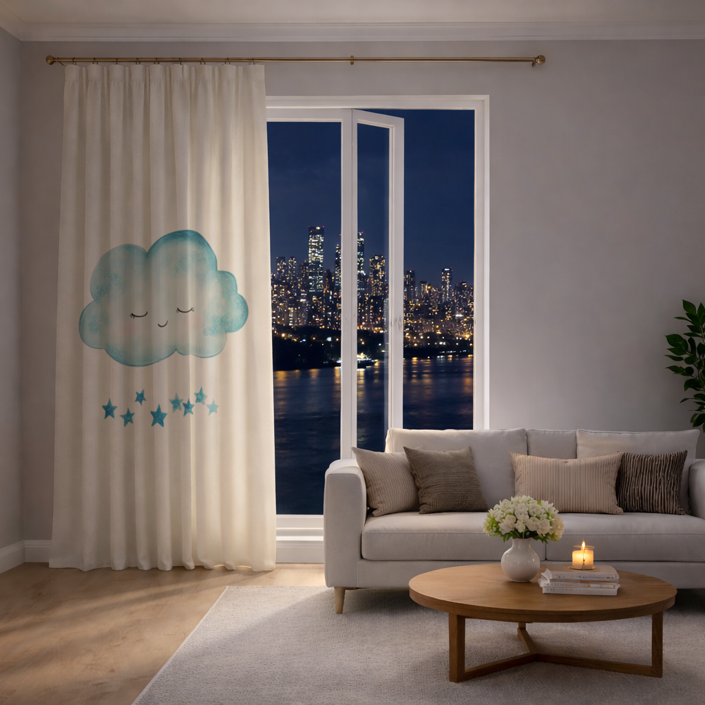Watercolor Sleepy Cloud and Blue Stars Drapes