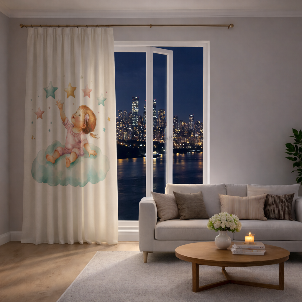 Baby Girl Reaching for Stars on a Cloud Drapes