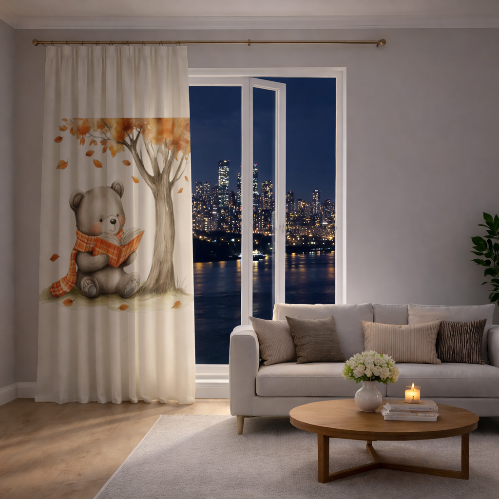 Reading Bear with Orange Scarf Drapes