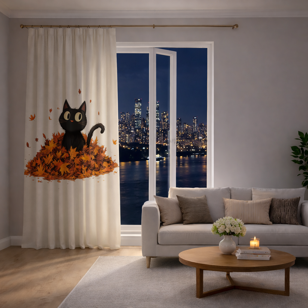 Cute Black Cat in Autumn Leaves Drapes