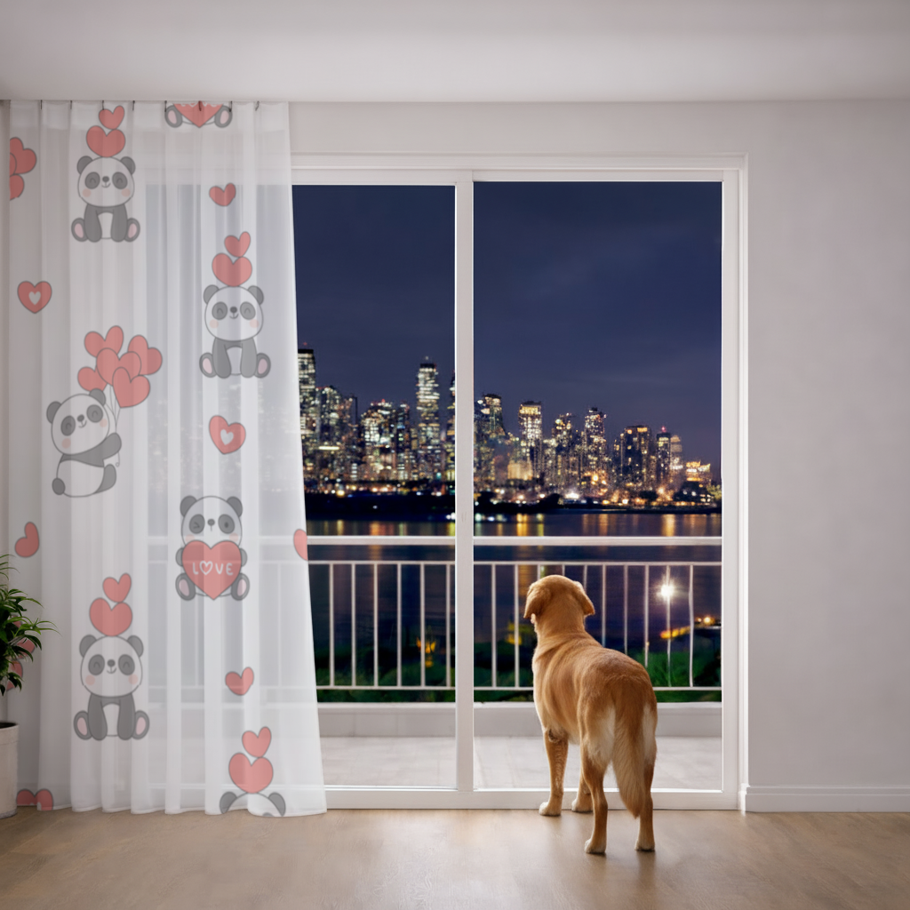 Cute Panda Valentines Day Love Heart Pattern Design Sheer Curtain