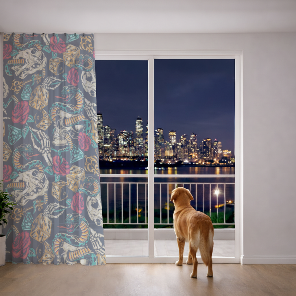 Skull Snake Dice and Roses Pattern Sheer Curtain