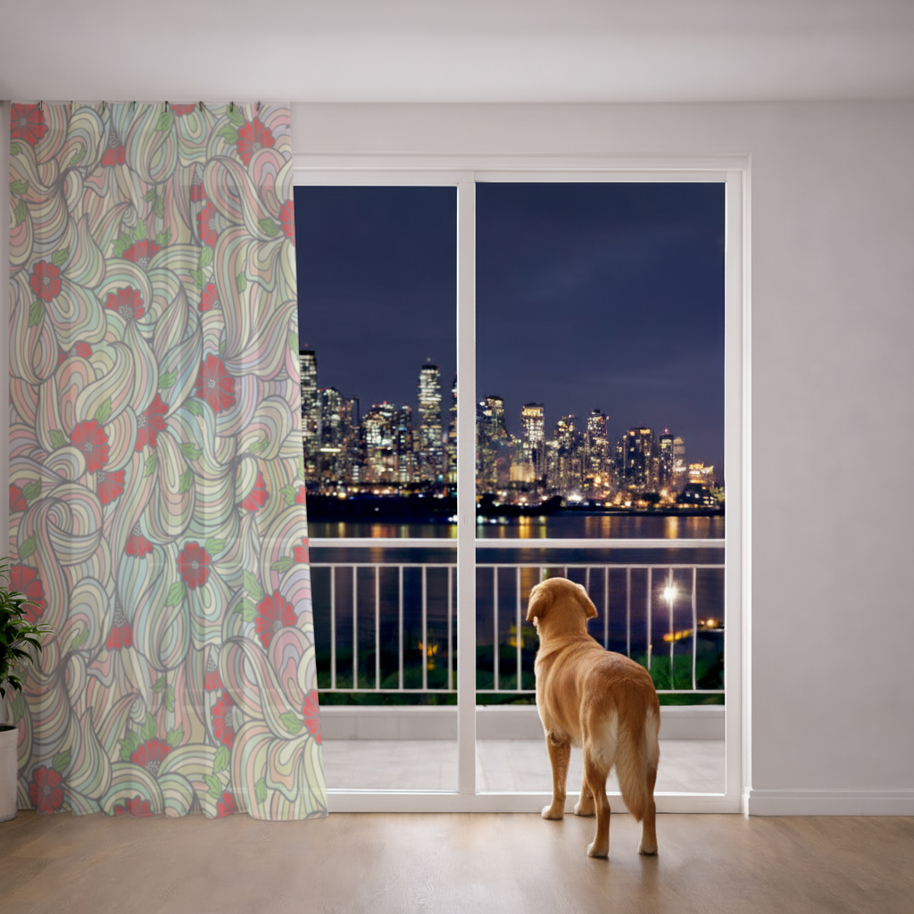 Floral Retro Wavy Pattern Sheer Curtain