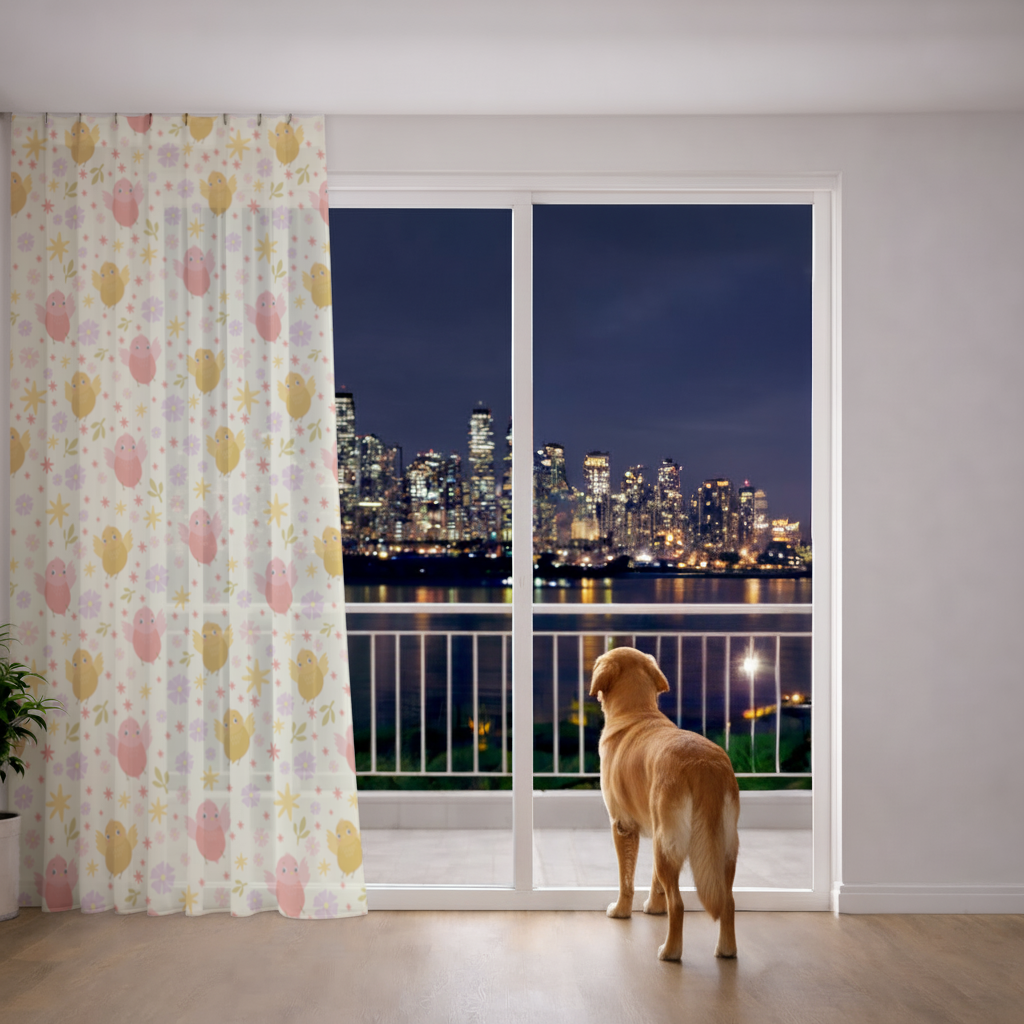 Cute Birds and Floral Pastel Spring Pattern Illustration Sheer Curtain