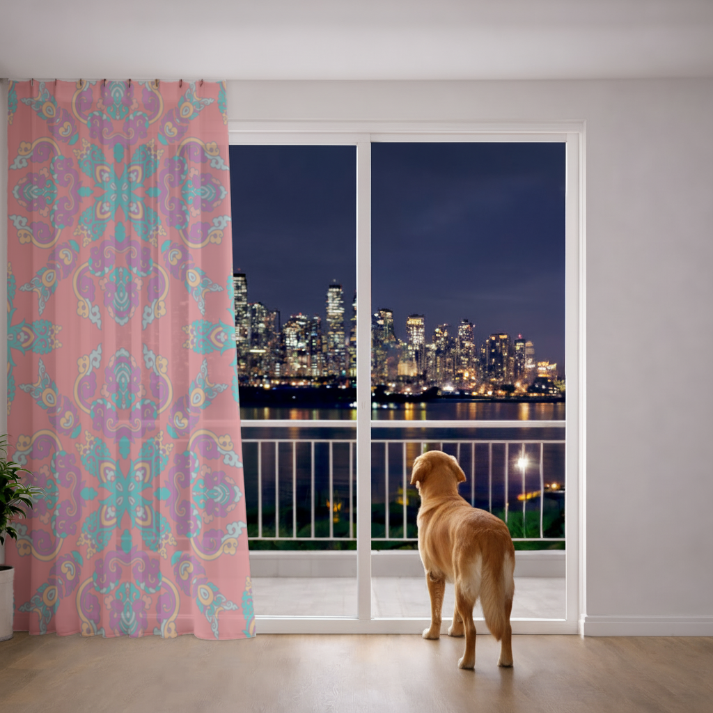 Vibrant Red Oriental Mandala Pattern Sheer Curtain