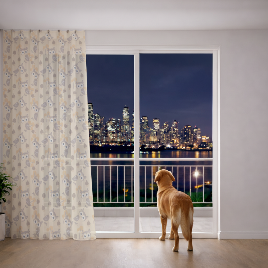 Cute Owl and Acorn Autumn Seamless Pattern Sheer Curtain