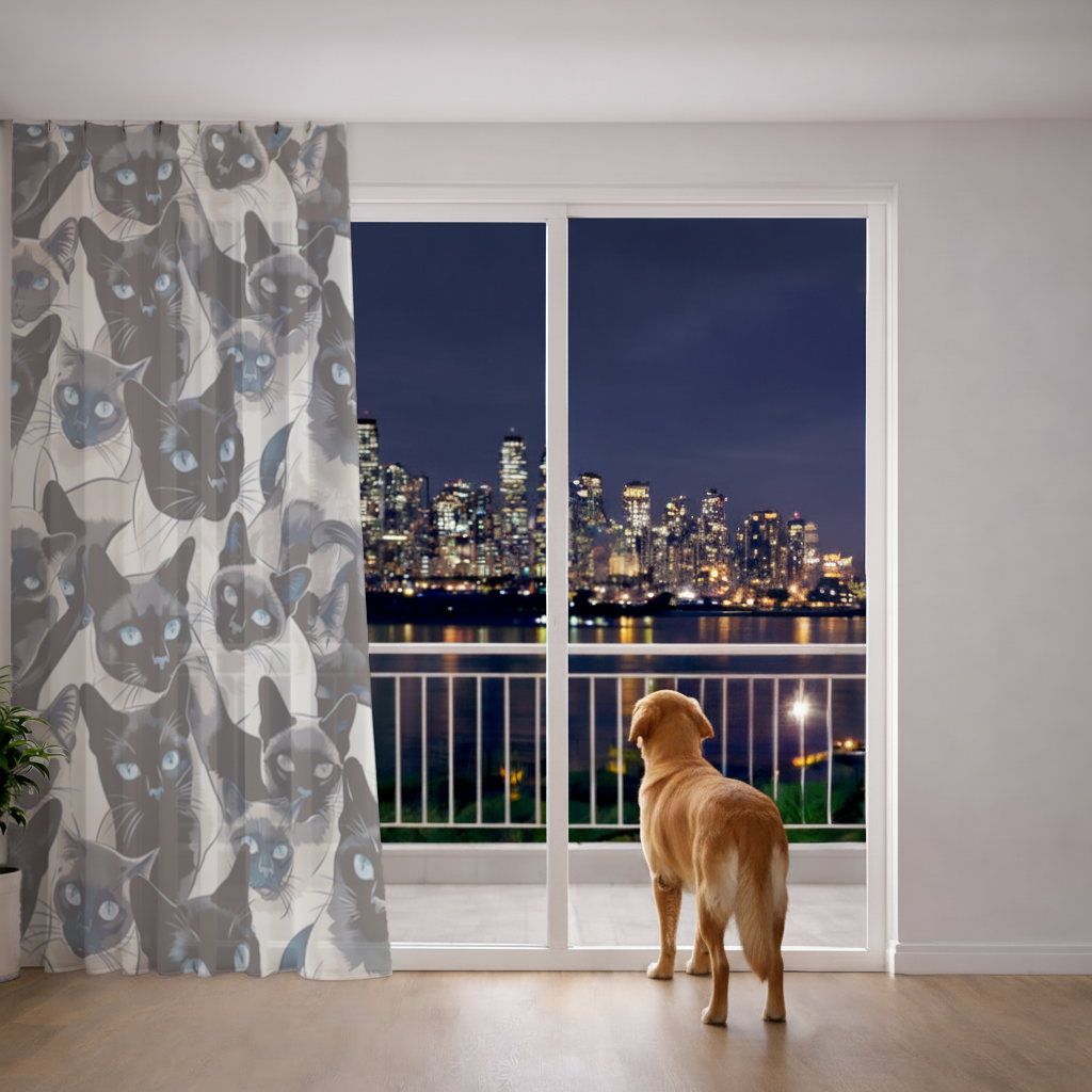 Blue Eyed Siamese Cat Elegant Illustration Pattern Sheer Curtain