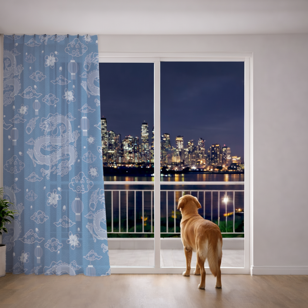 Traditional Dragon Pattern on Blue Background Sheer Curtain