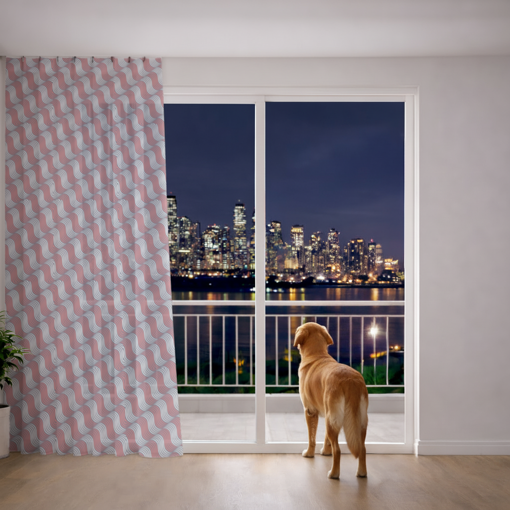 Red and Navy Wavy Line Pattern Sheer Curtain