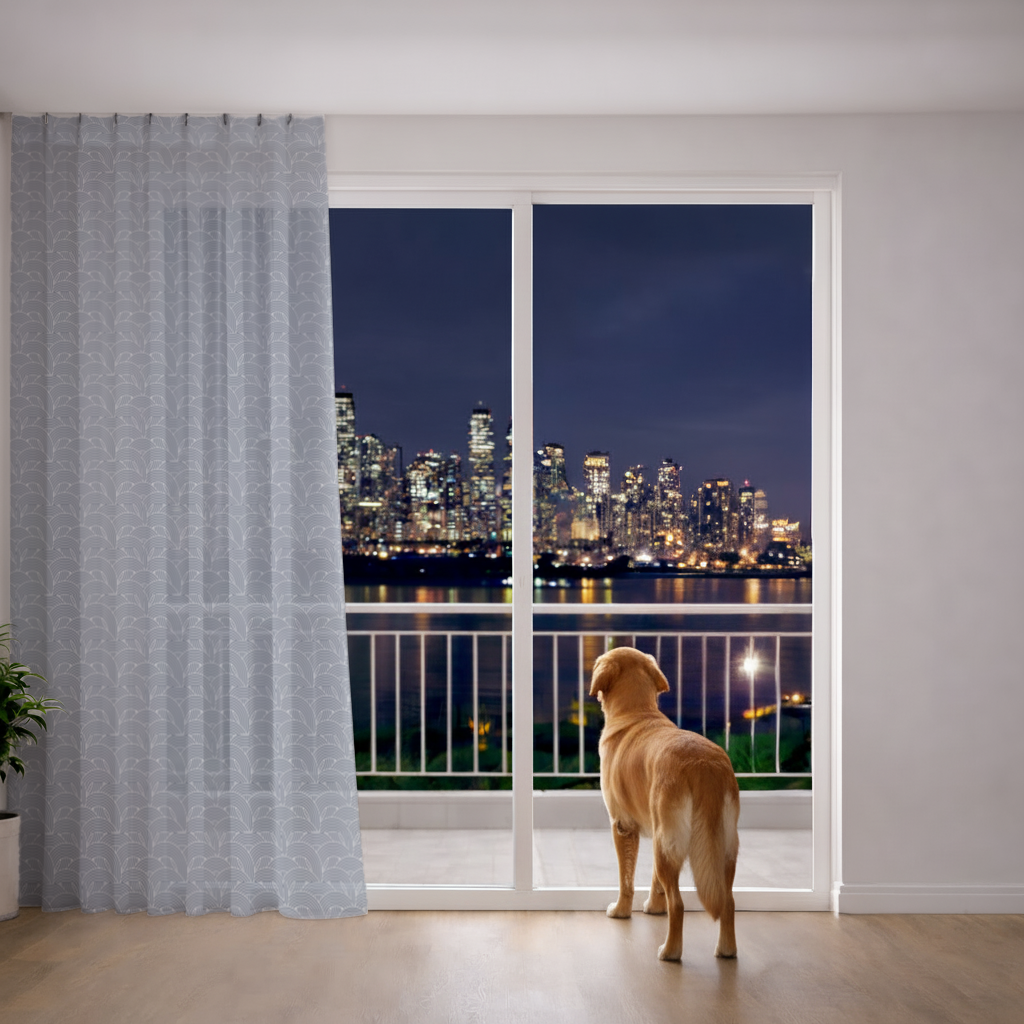 Navy and White Semi Circle Geometric Pattern Sheer Curtain