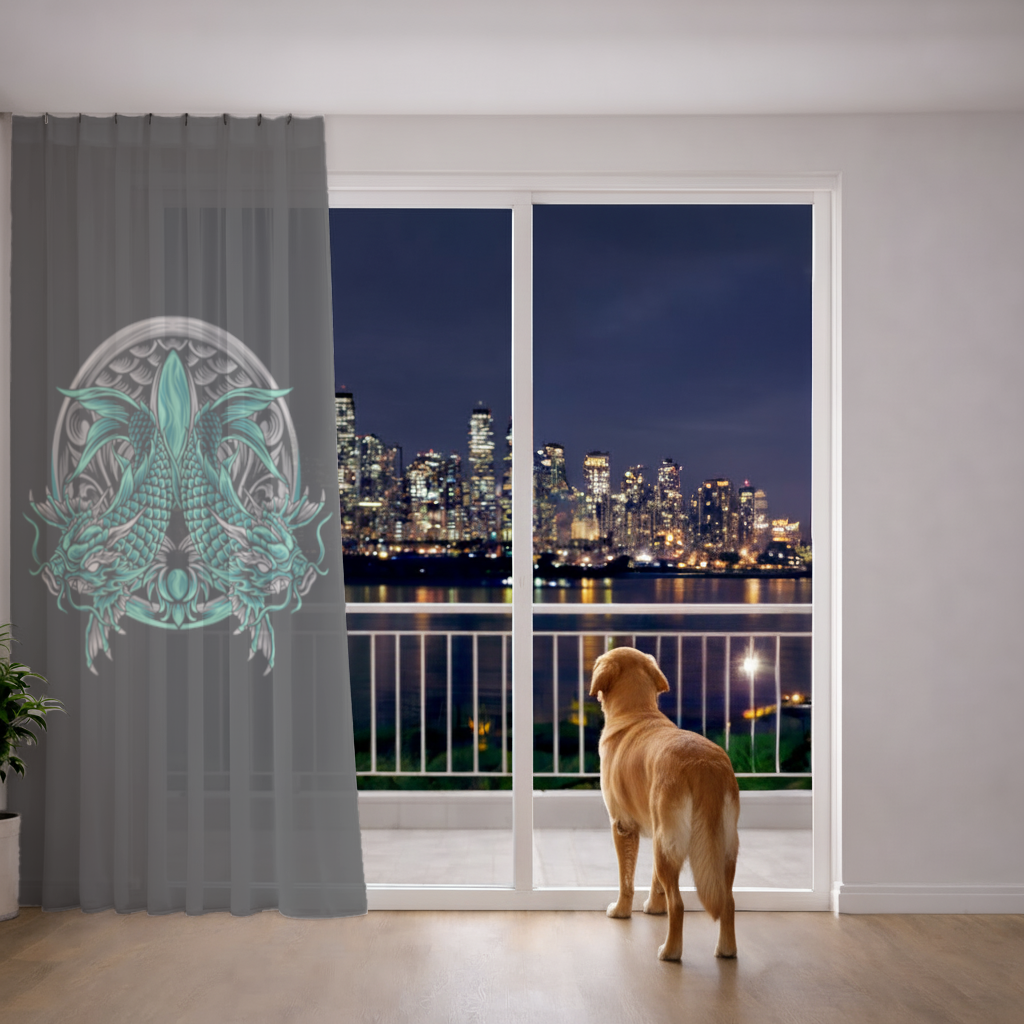 Turquoise Twin Dragon Emblem Design Sheer Curtain