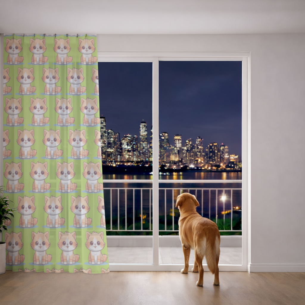 Cute Orange Cat Illustration Sheer Curtain