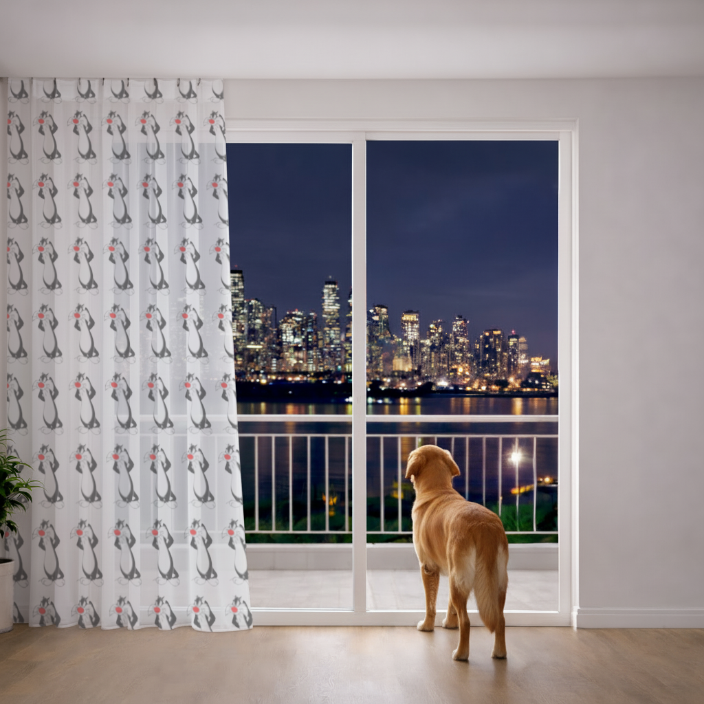 Funny Cartoon Cat Illustration Sheer Curtain