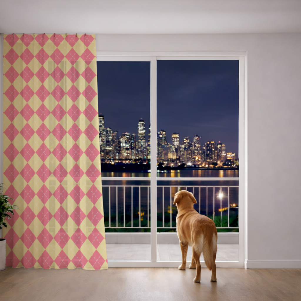 Red and Yellow Argyle Geometric Pattern Background Sheer Curtain