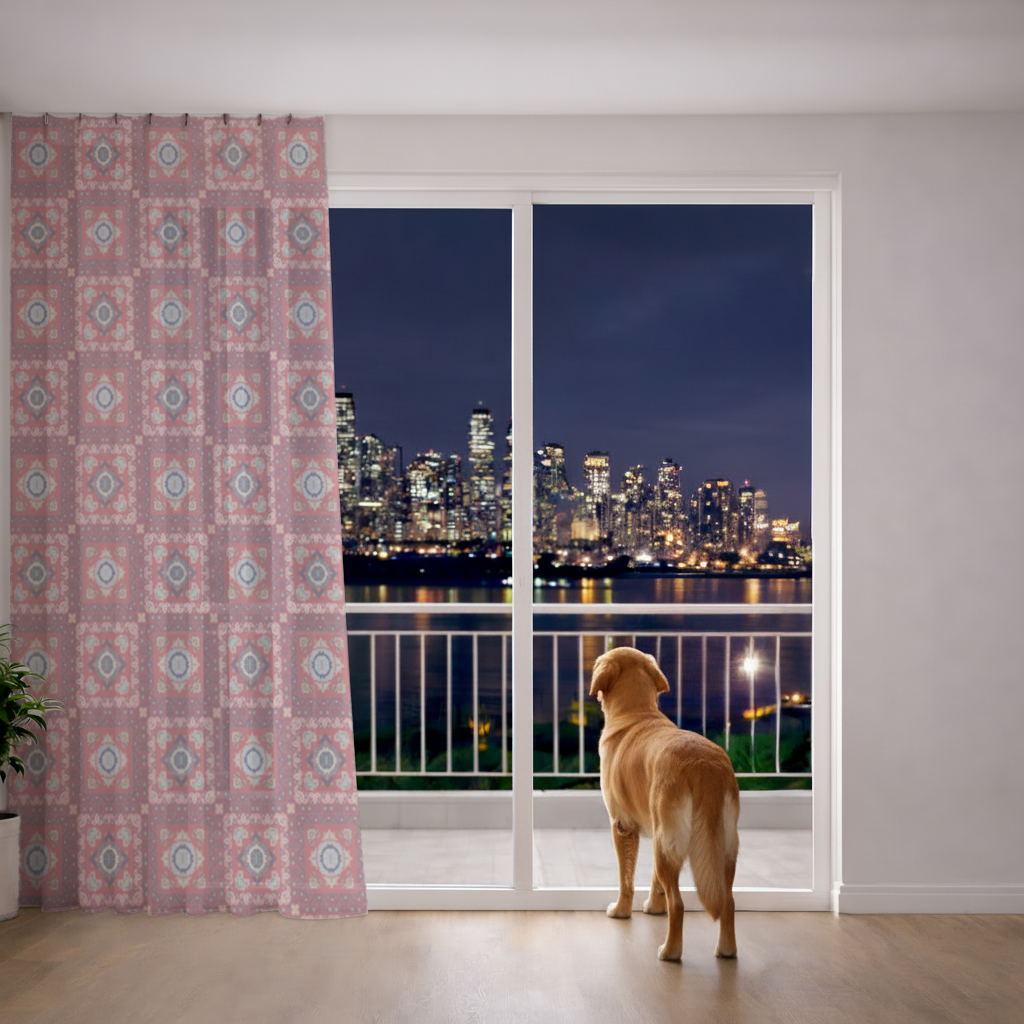Geleneksel Kilim Motifli Kırmızı Etnik Geometrik Desen Tül Perde