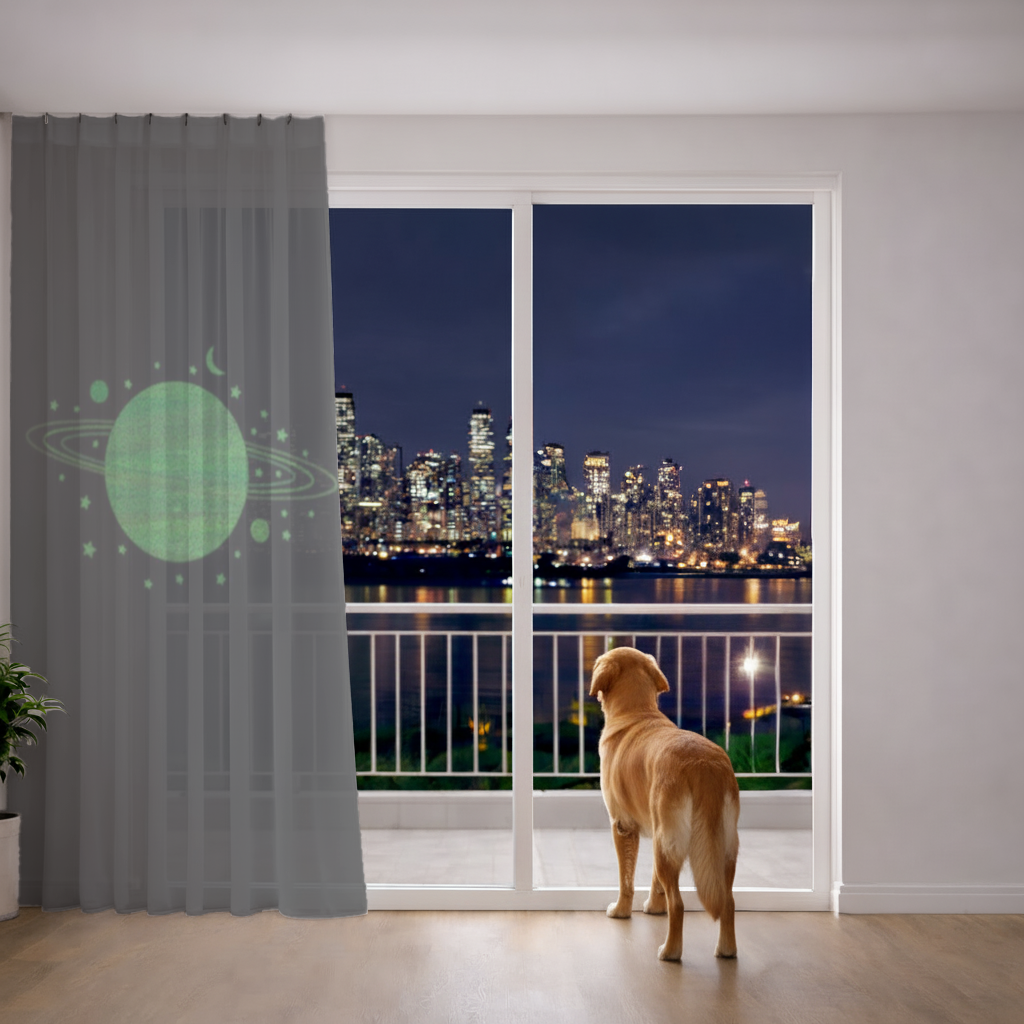 Green planets on a black background. Sheer Curtain