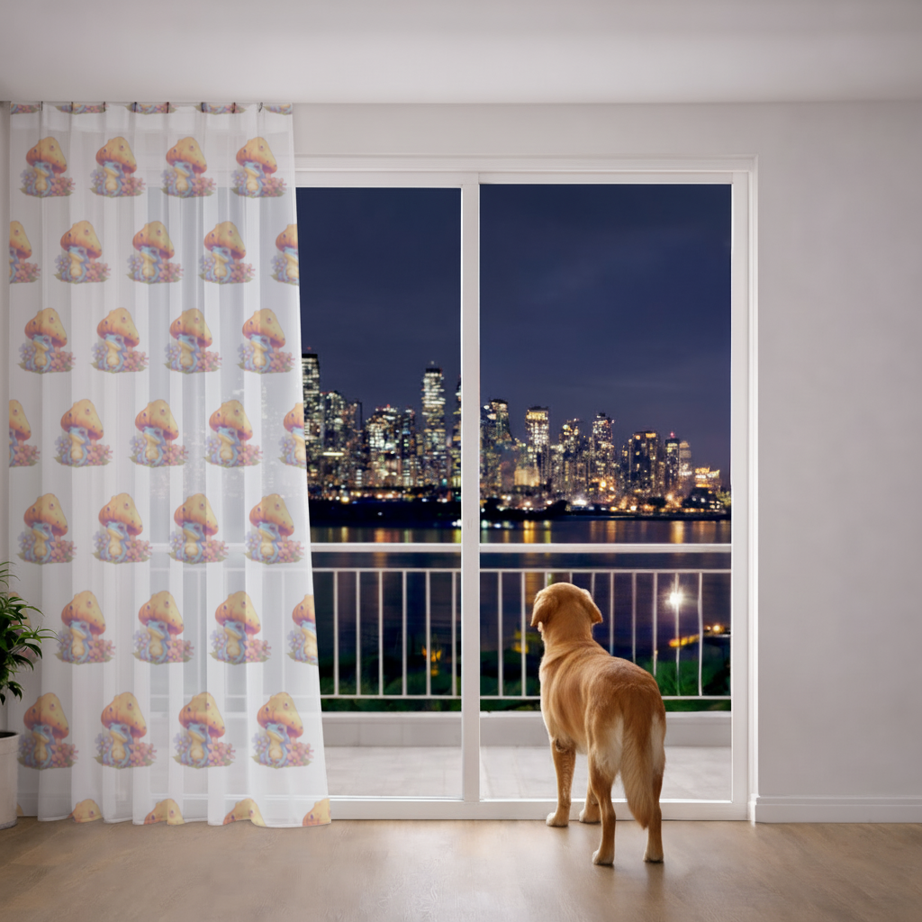 Blue Frog Resting Under Orange Mushroom Sheer Curtain