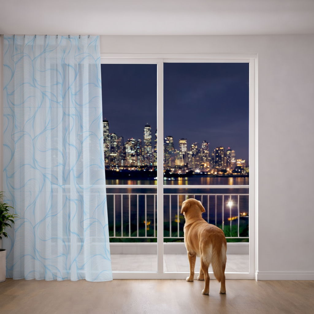 Blue Wavy Linear Abstract Pattern Sheer Curtain