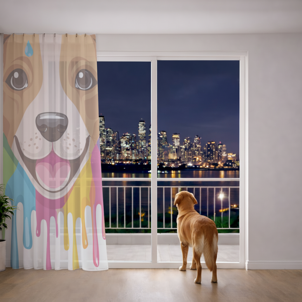 Happy Dog with Colorful Paint Drips Sheer Curtain