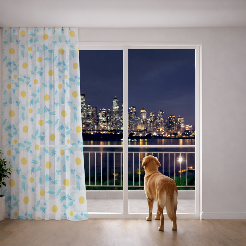 Daisy Garden and Turquoise Leaves Pattern Sheer Curtain