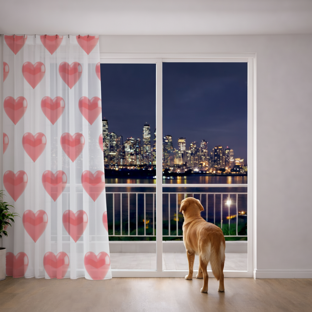 Glossy Red 3D Heart Sheer Curtain