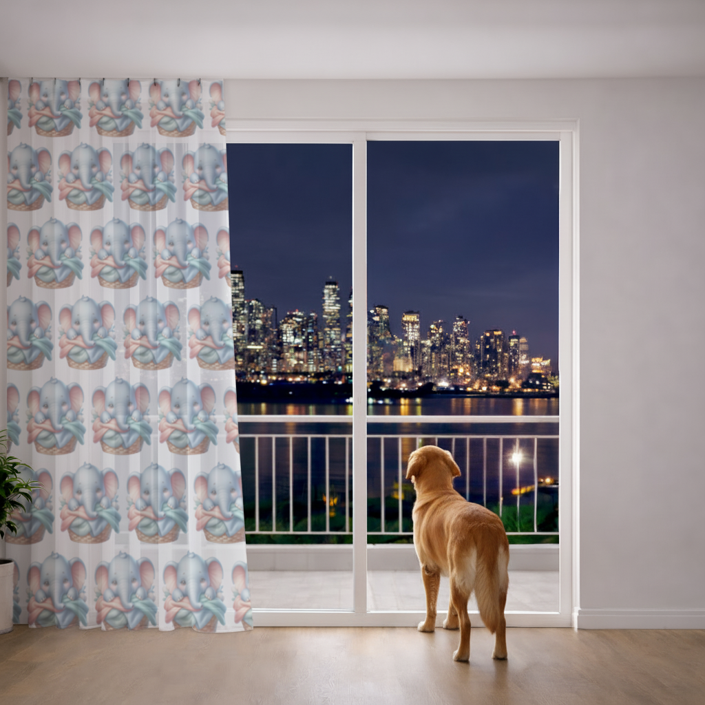 Cute Baby Elephant in Basket Sheer Curtain
