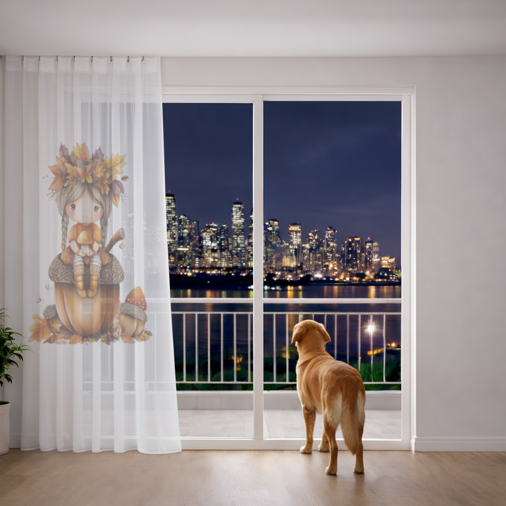 Autumn Acorn Mushroom Girl Sheer Curtain
