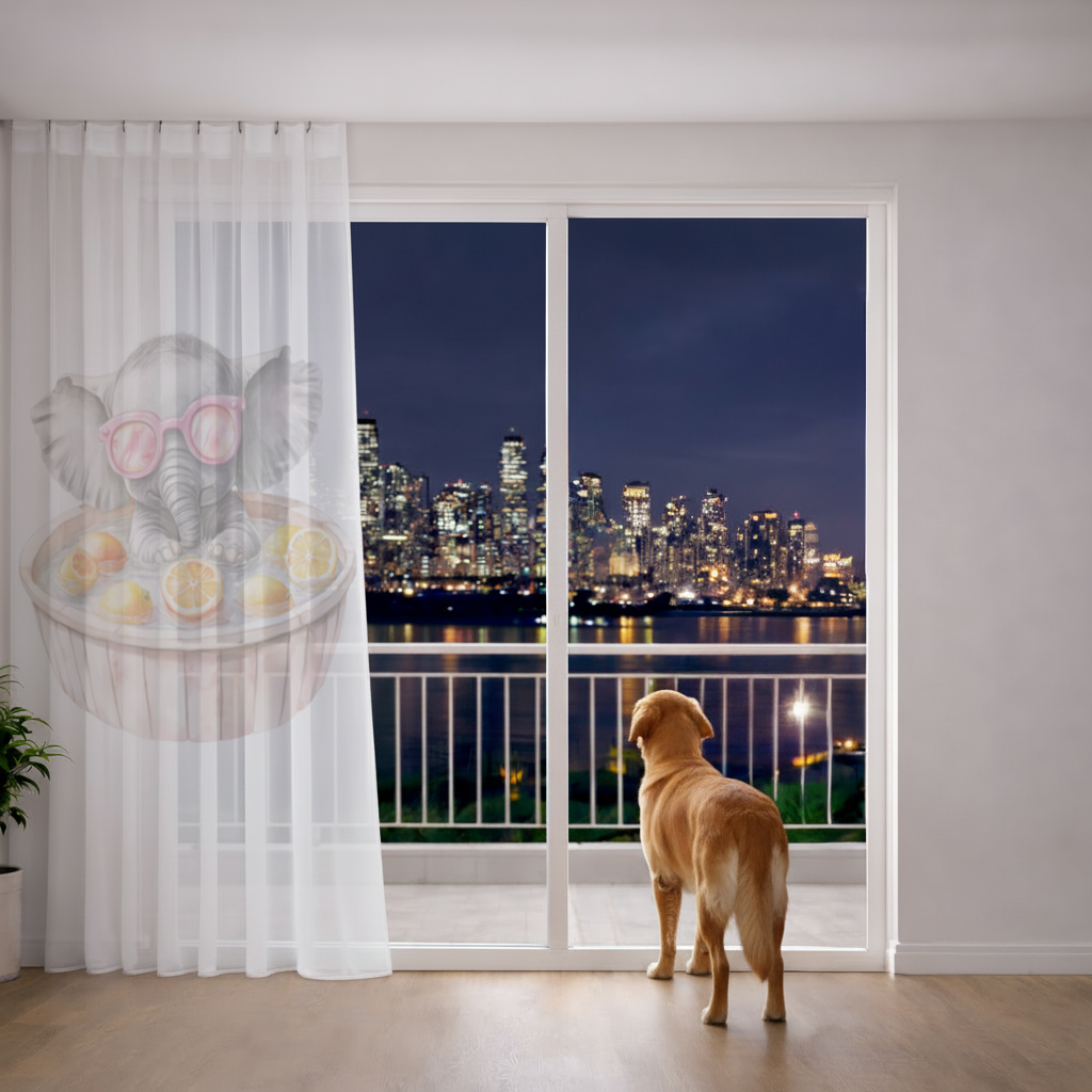 Baby Elephant in Pink Sunglasses Citrus Bath Sheer Curtain