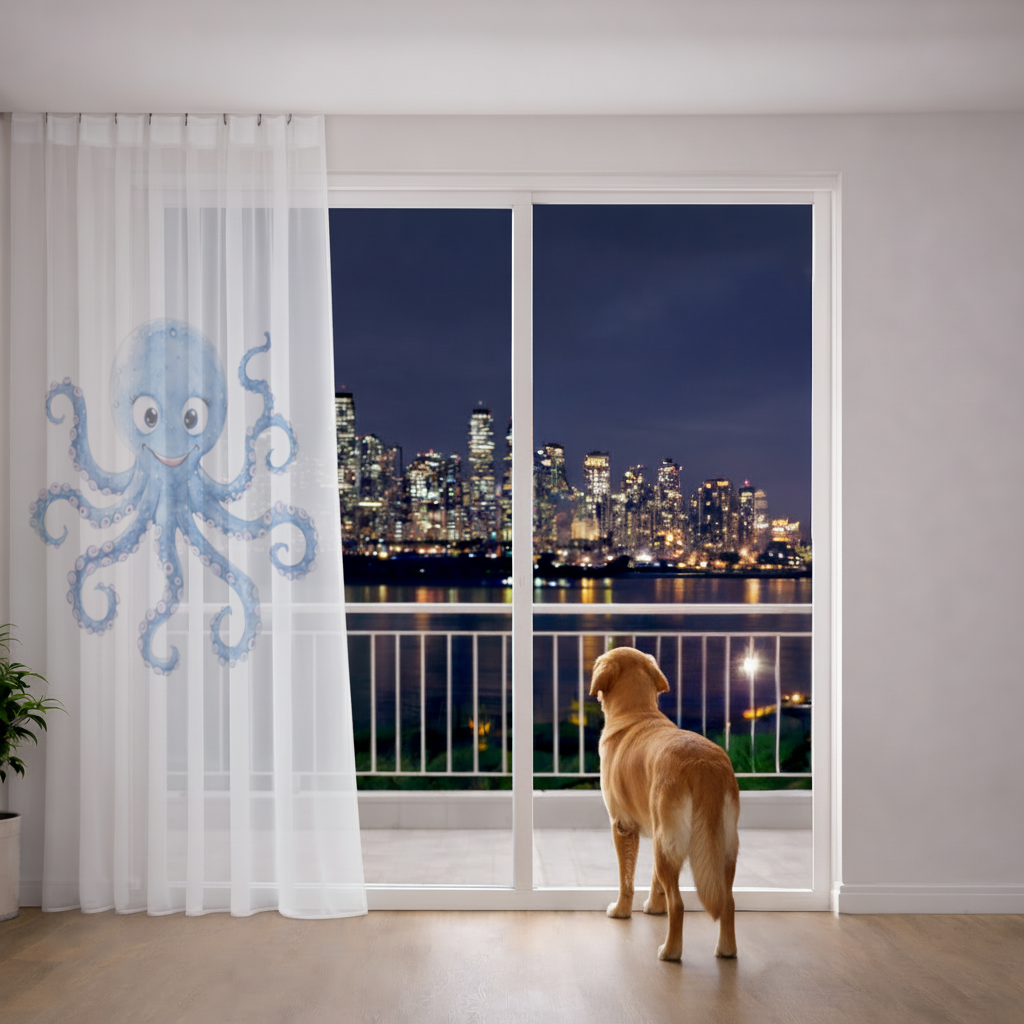 Cute Blue Watercolor Octopus Sheer Curtain