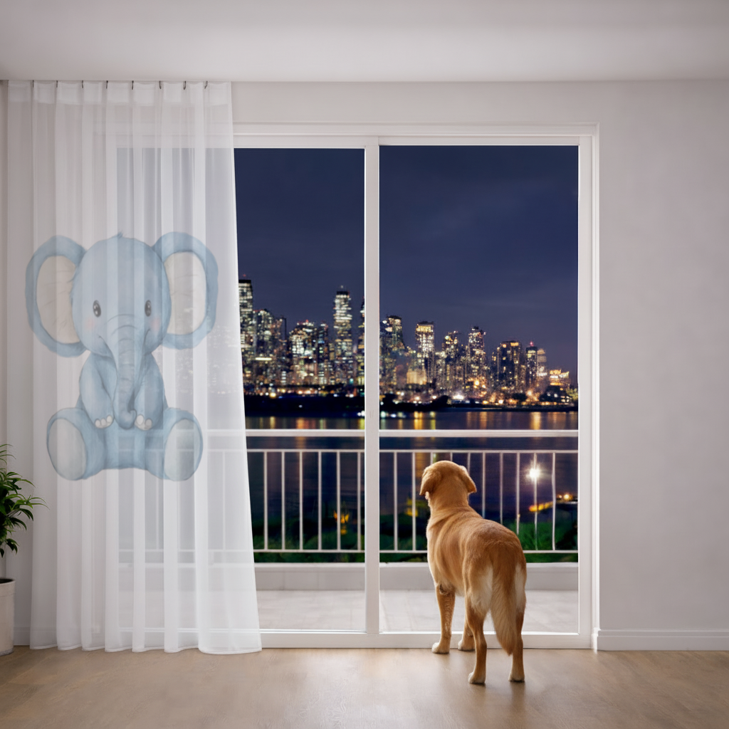 Cute Blue Watercolor Baby Elephant Sheer Curtain