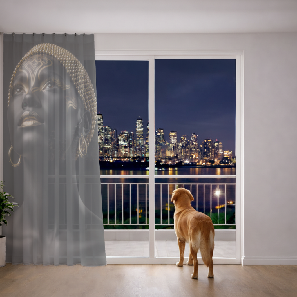 Gold Afrofuturistic Black Woman Sheer Curtain