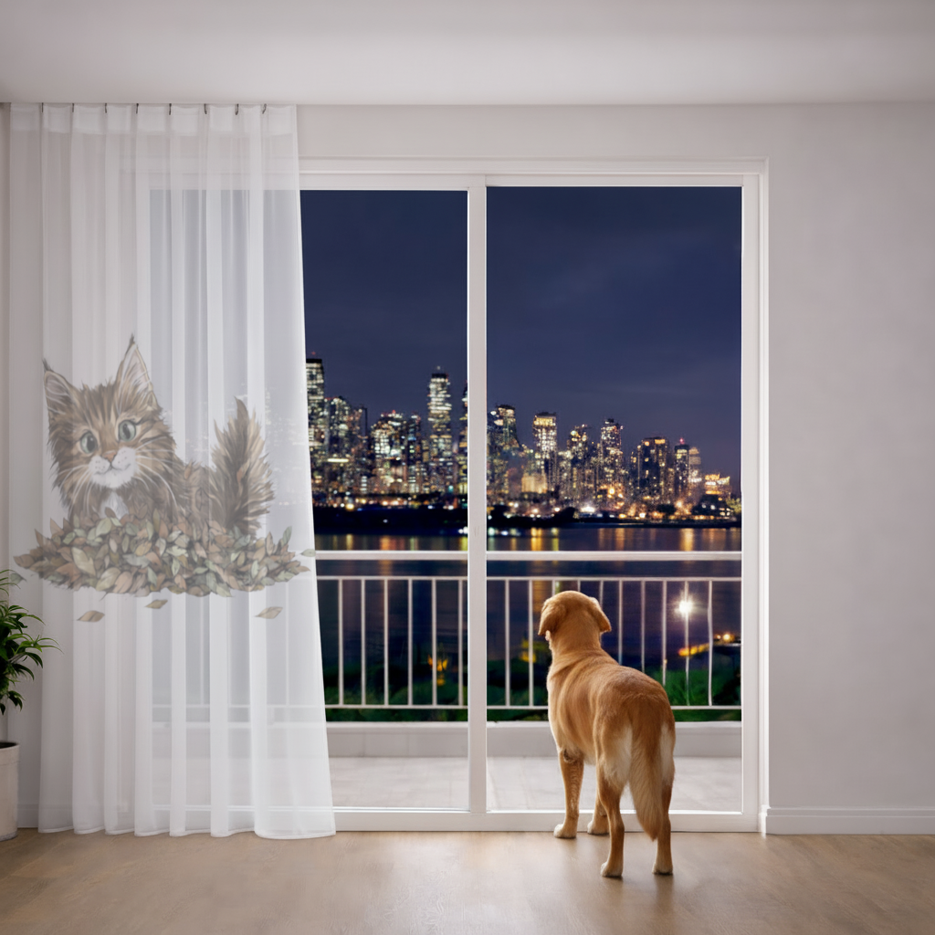 Cute Fluffy Kitten in Autumn Leaves Sheer Curtain