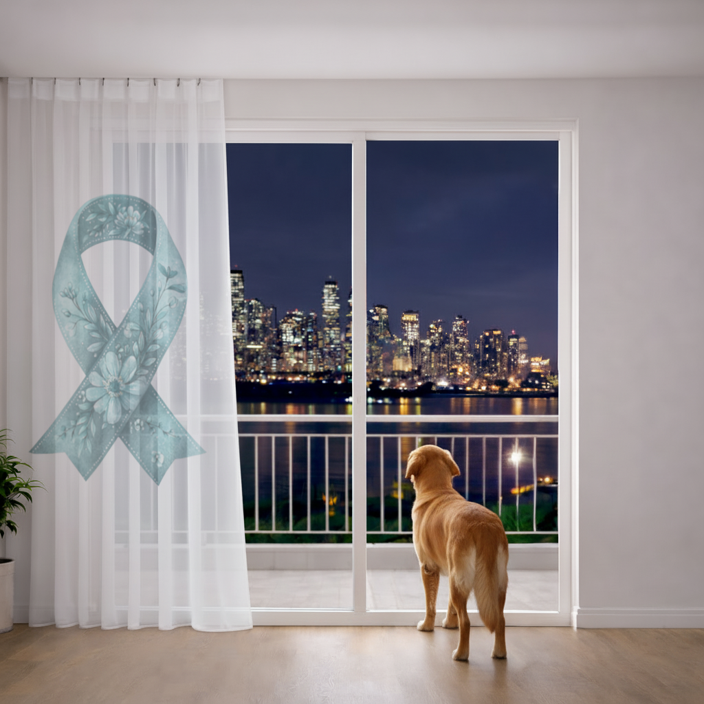 Floral Teal Awareness Ribbon Sheer Curtain