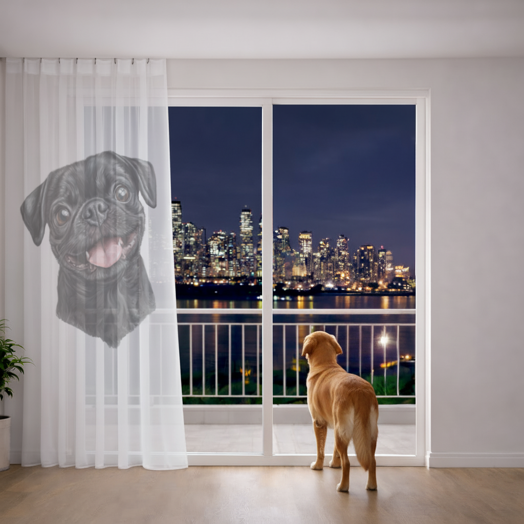 Happy Black Pug Face Sheer Curtain