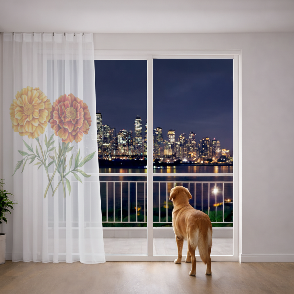 Botanical Yellow Orange Marigold Sheer Curtain
